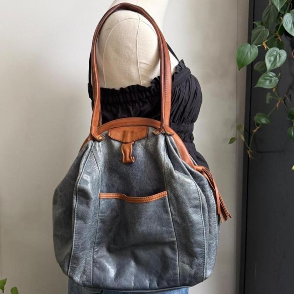 Blue Leather Bowling Bag Shoulder Bag Brown Leather Trim Polka Dot Liner Boho